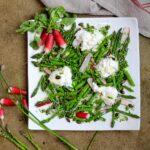 salade asperge, burrata et radis dans une assiette carrée avec herbes sur une table