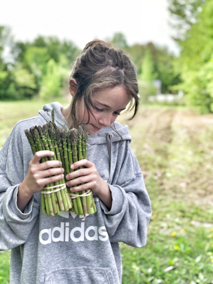 fille avec bouquets d'asperges dans le champ