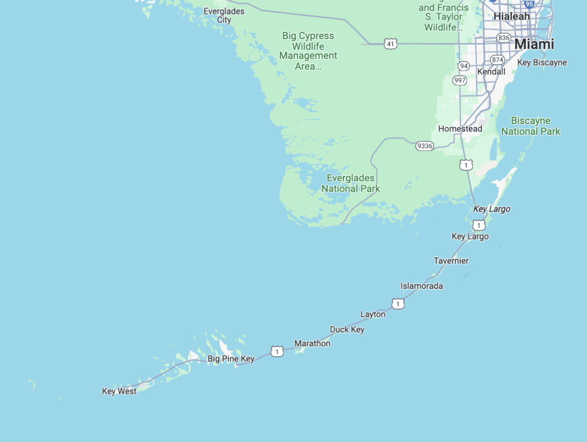 carte des Florida Keys de Miami à Key West