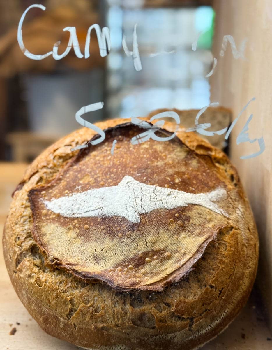 grosse miche de pain au levain avec un requin en farine dessiné sur la croûte