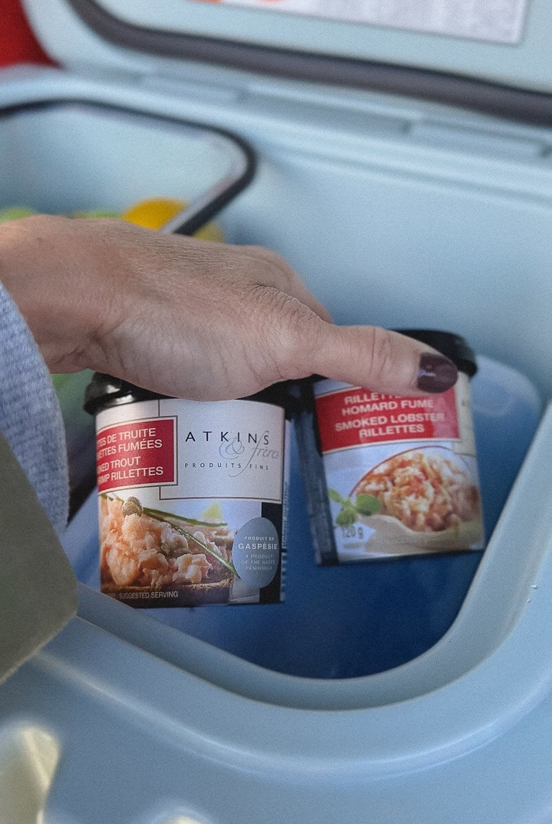 main qui dépose deux pots de rillettes atkins et frères dans une glacière