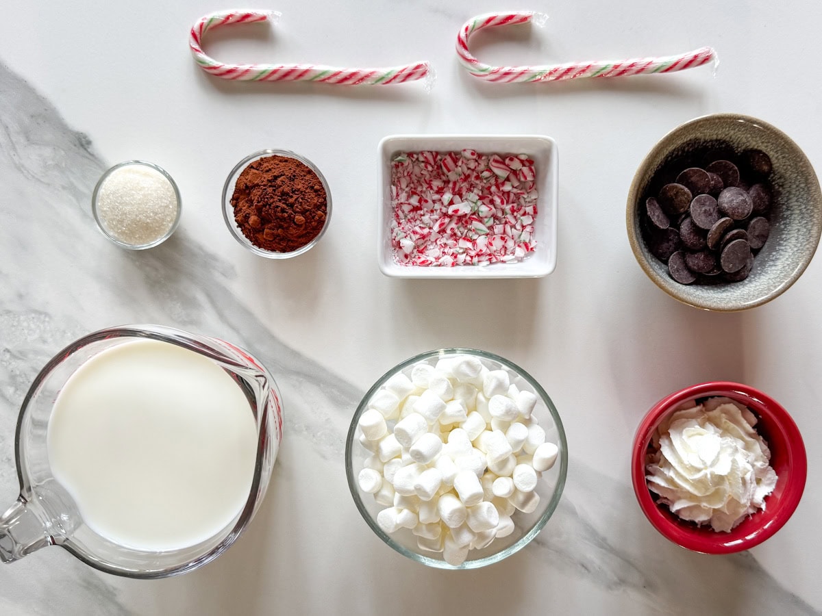 ingrédients chocolat chaud gourmand: guimauves, lait, sucre, cacao, chocolat, canne de Noël sur comptoir blanc marbré