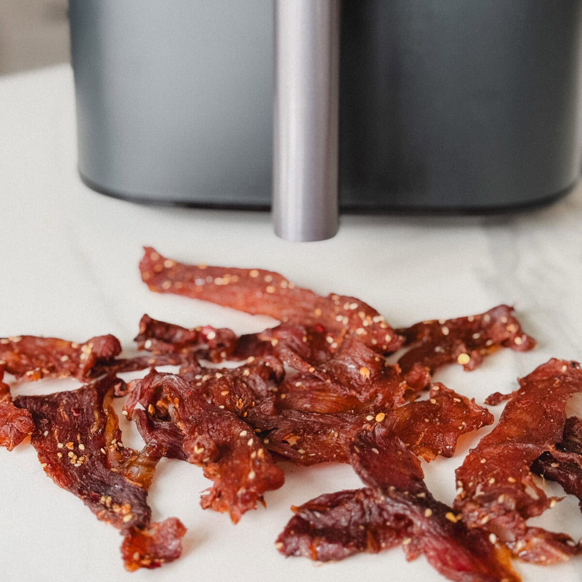 jerky de porc devant un air fryer