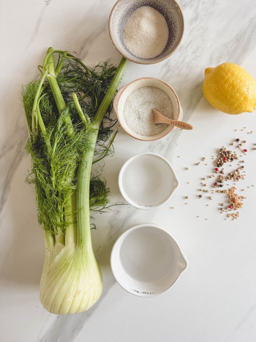 bulbe de fenouil et ingrédients pour recette sur un comptoir marbré blanc