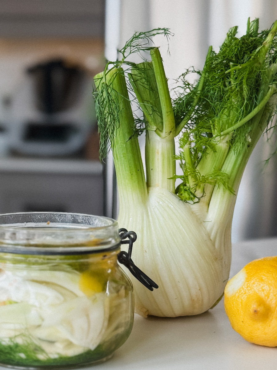 bulbe de fenouil devant un pot de fenouil mariné