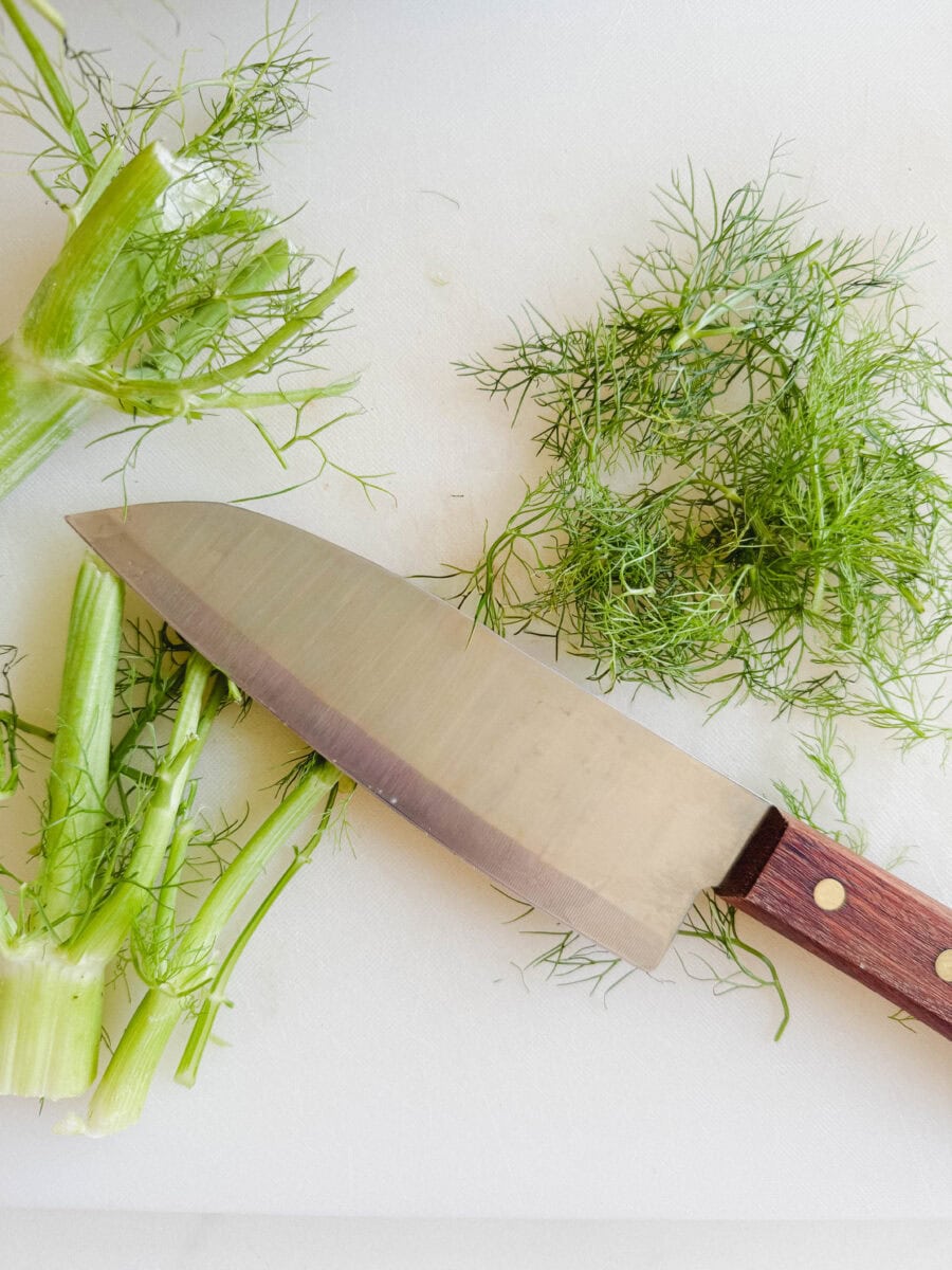 plumet ou feuilles de fenouil avec couteau sur planche