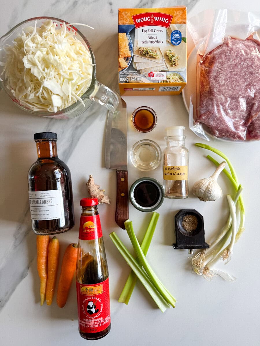 ingrédients pour recette egg rolls sur comptoir; légumes, sauces, boite de pâtes à rouleaux impériaux, porc haché