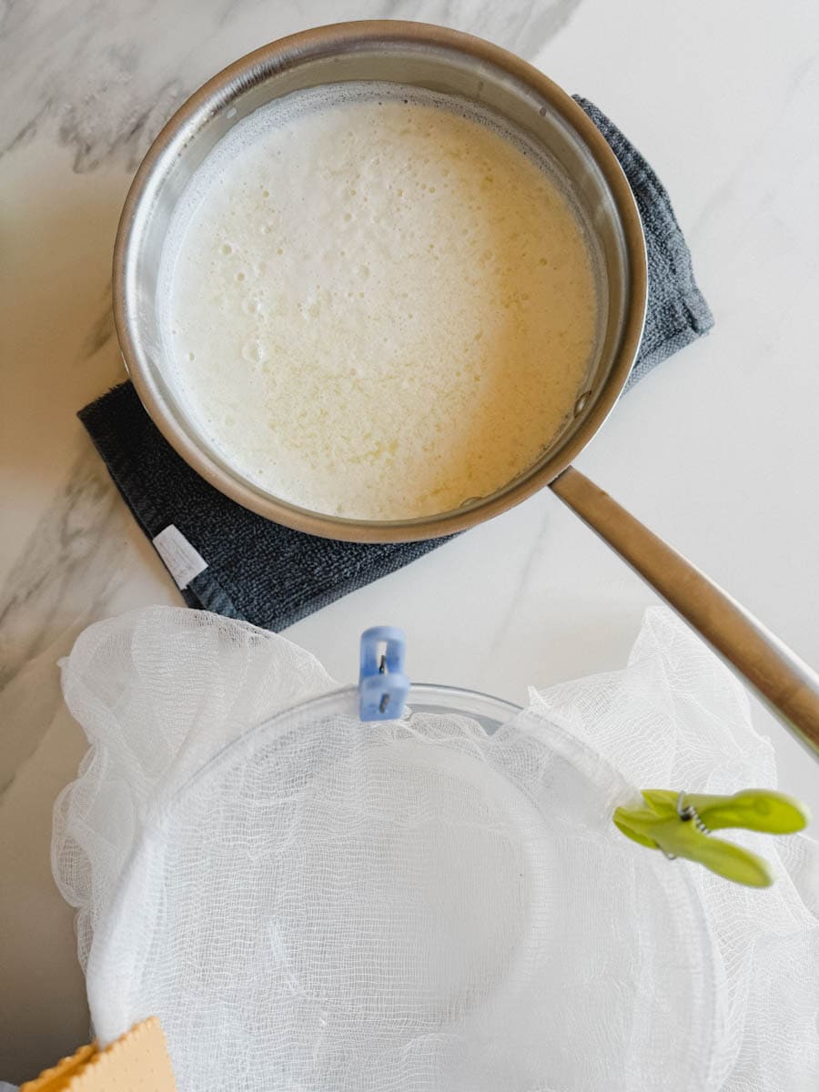 casserole de lait avec caille et pot recouvert de coton fromage
