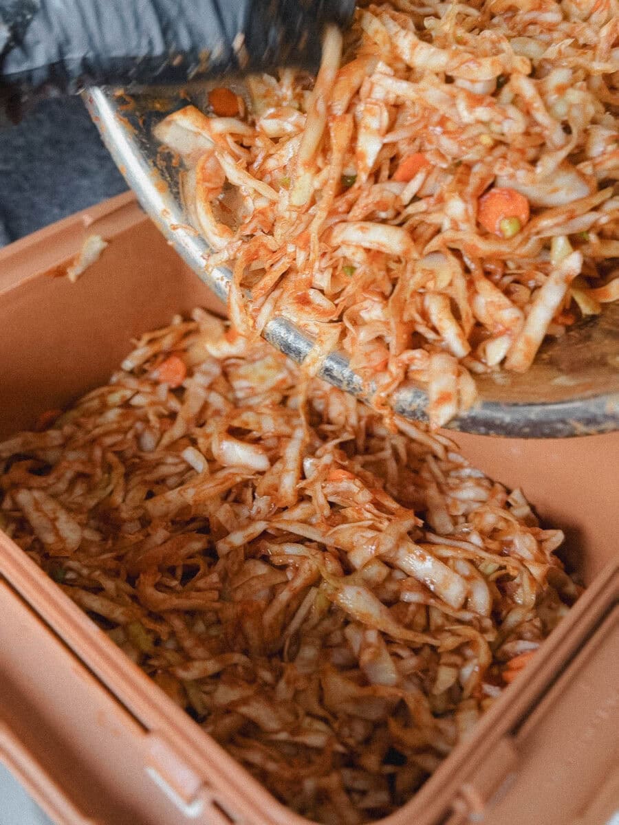 main qui transfère le kimchi du bol stainless à contenant à ki9mchi en plastique