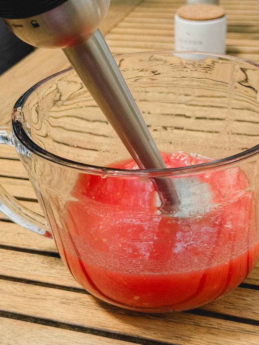 pied mélangeur dans bol de purée de tomate
