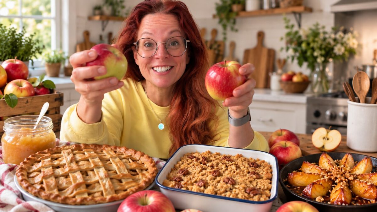 Manon Lapierre qui tient des pommes dans ses mains devant des recettes aux pommes dans une cuisine fictive