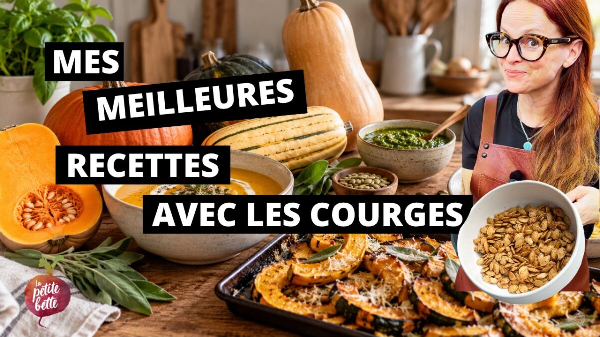 Manon devant des courges avec texte: mes meilleures recettes avec des courges