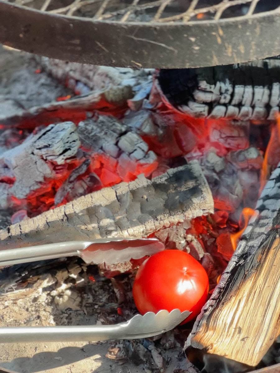 tomates sur braises sur feu de bois pour chimichurri