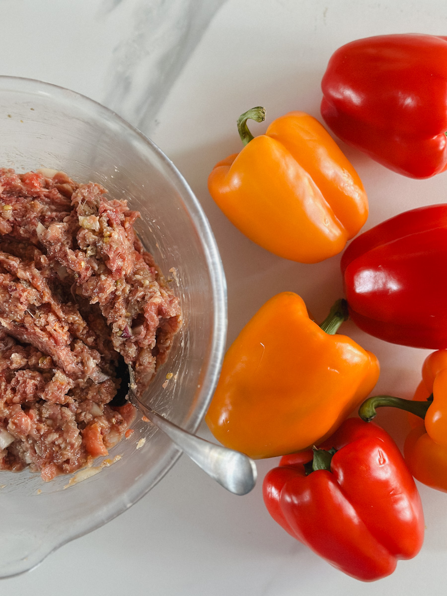 6 poivrons crus et bol de farce à la viande