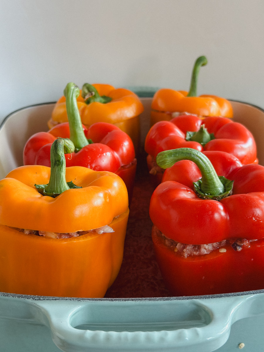 6 poivrons farcis non cuits dans une base de sauce tomate dans plat à gratin bleu pâle