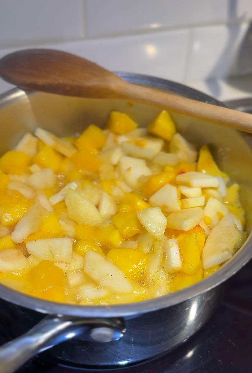 compote de pommes et pêches sur le rond qui bouillonne avec cuillère en bois sur le dessus