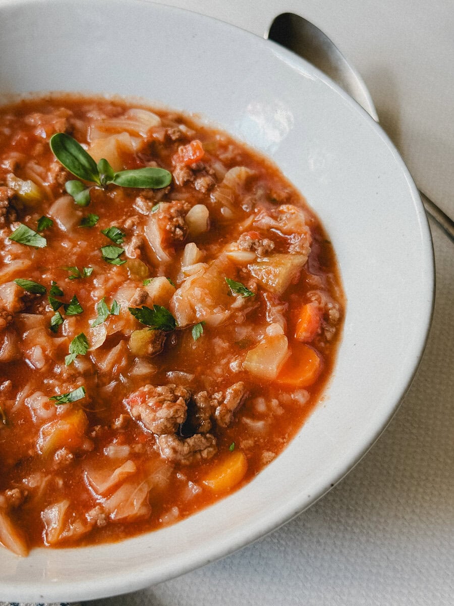 soupe au chou et boeuf haché dans un bol blanc