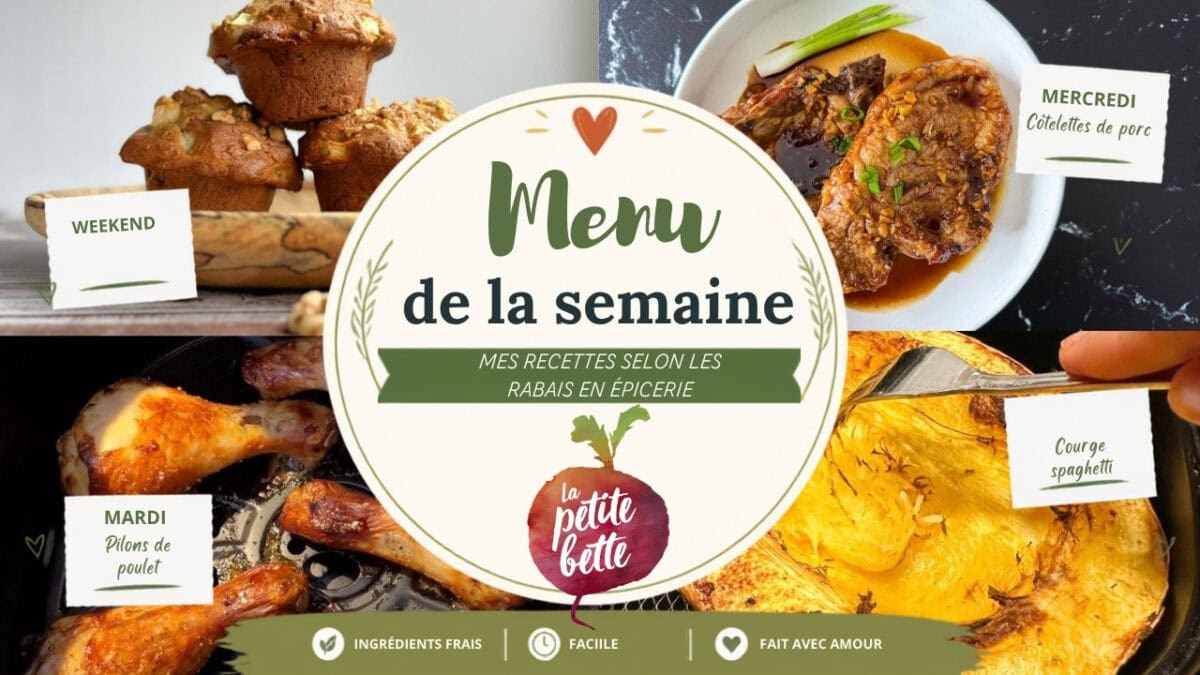 Collage des recettes du menu de la semaine : muffins aux pommes, côtelettes de porc, pilons de poulet et courge spaghetti