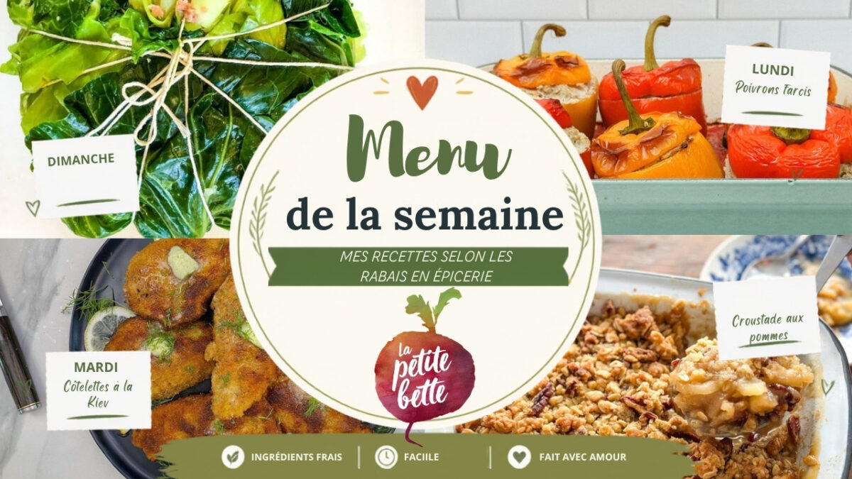 Collage de quatre recettes du menu de la semaine : chou farci, poivrons farcis, côtelettes à la Kiev et croustade aux pommes