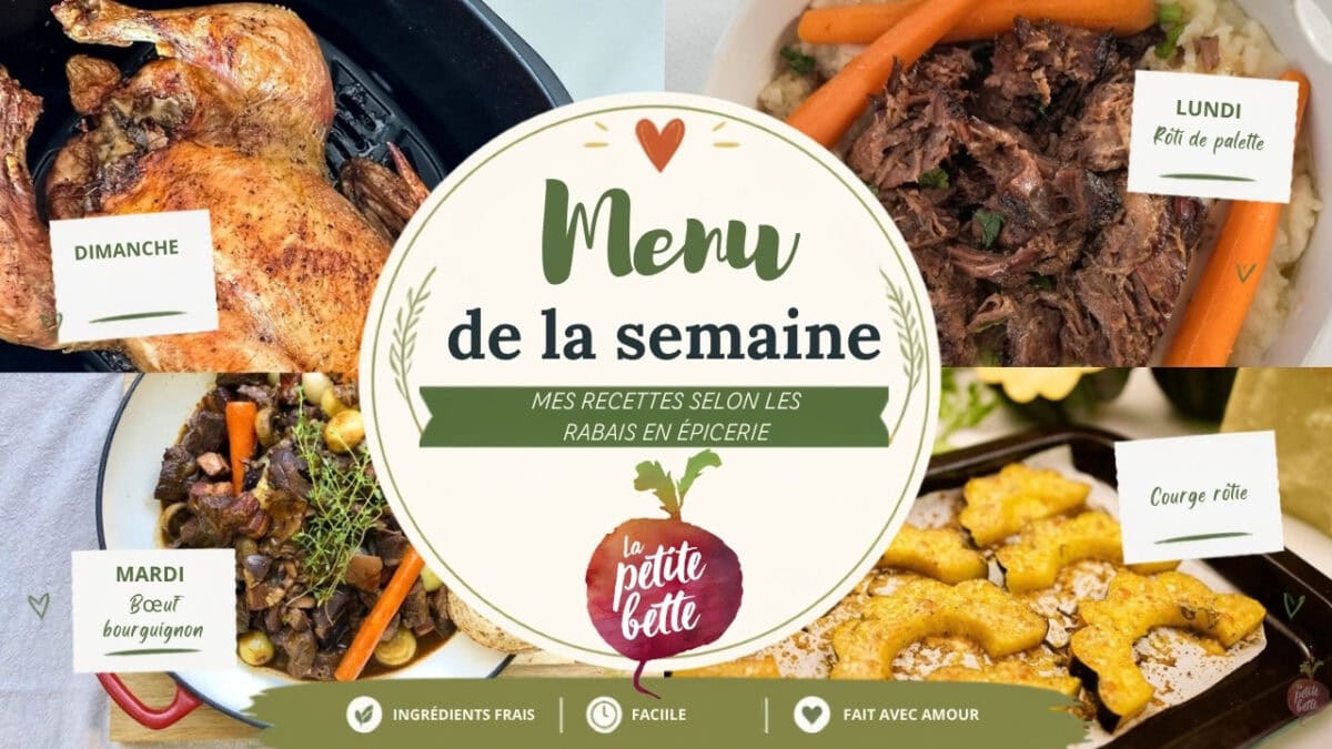 Collage de quatre recettes du menu de la semaine : poulet entier, rôti de palette, bœuf bourguignon et courge rôtie