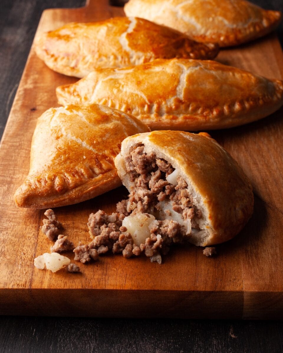 Pochettes-tourtières au air fryer dorées sur une planche de bois, une coupée pour montrer la garniture de bœuf haché et de pomme de terre